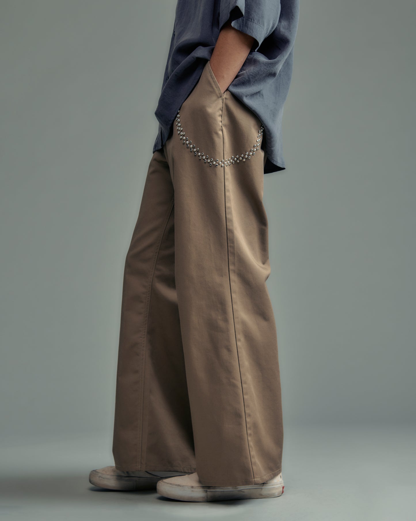 studded T/C twill flare wide trouser