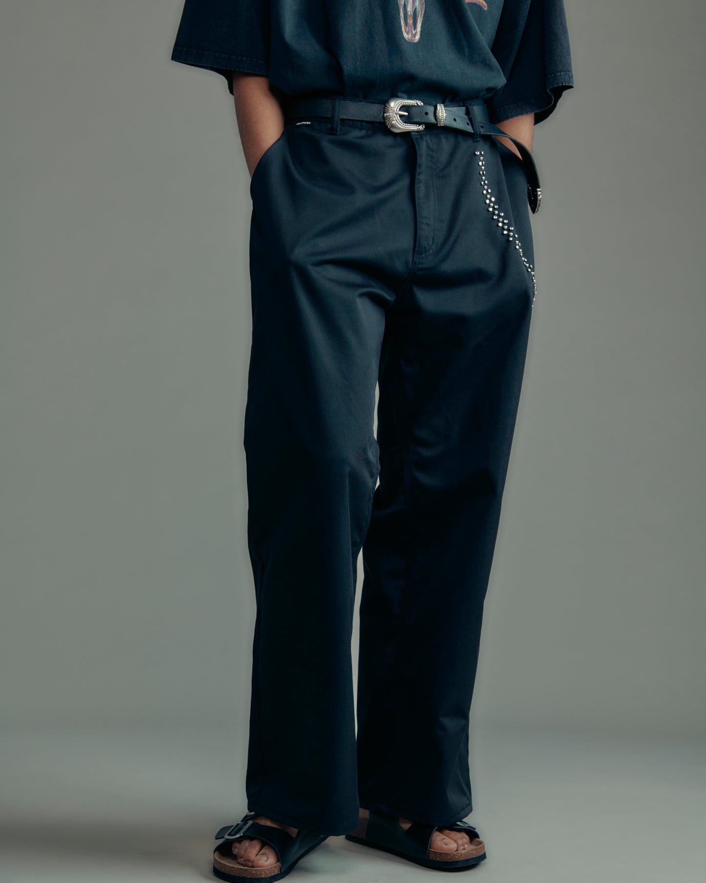studded T/C twill flare wide trouser