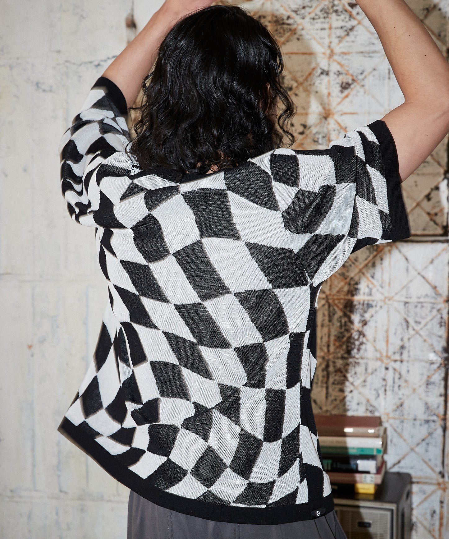 skewed check pattern short sleeve knit