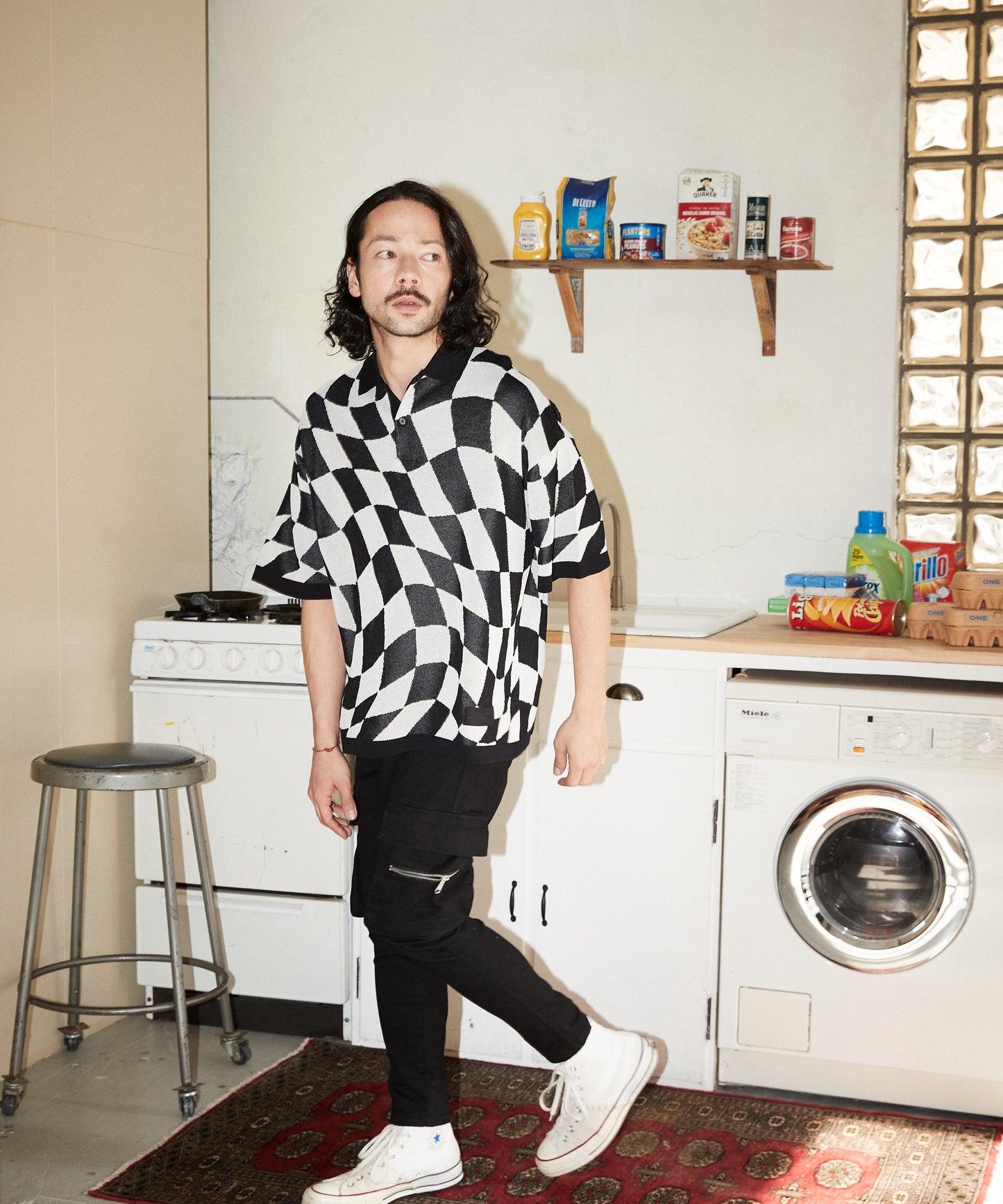 skewed check pattern short sleeve knit polo shirts