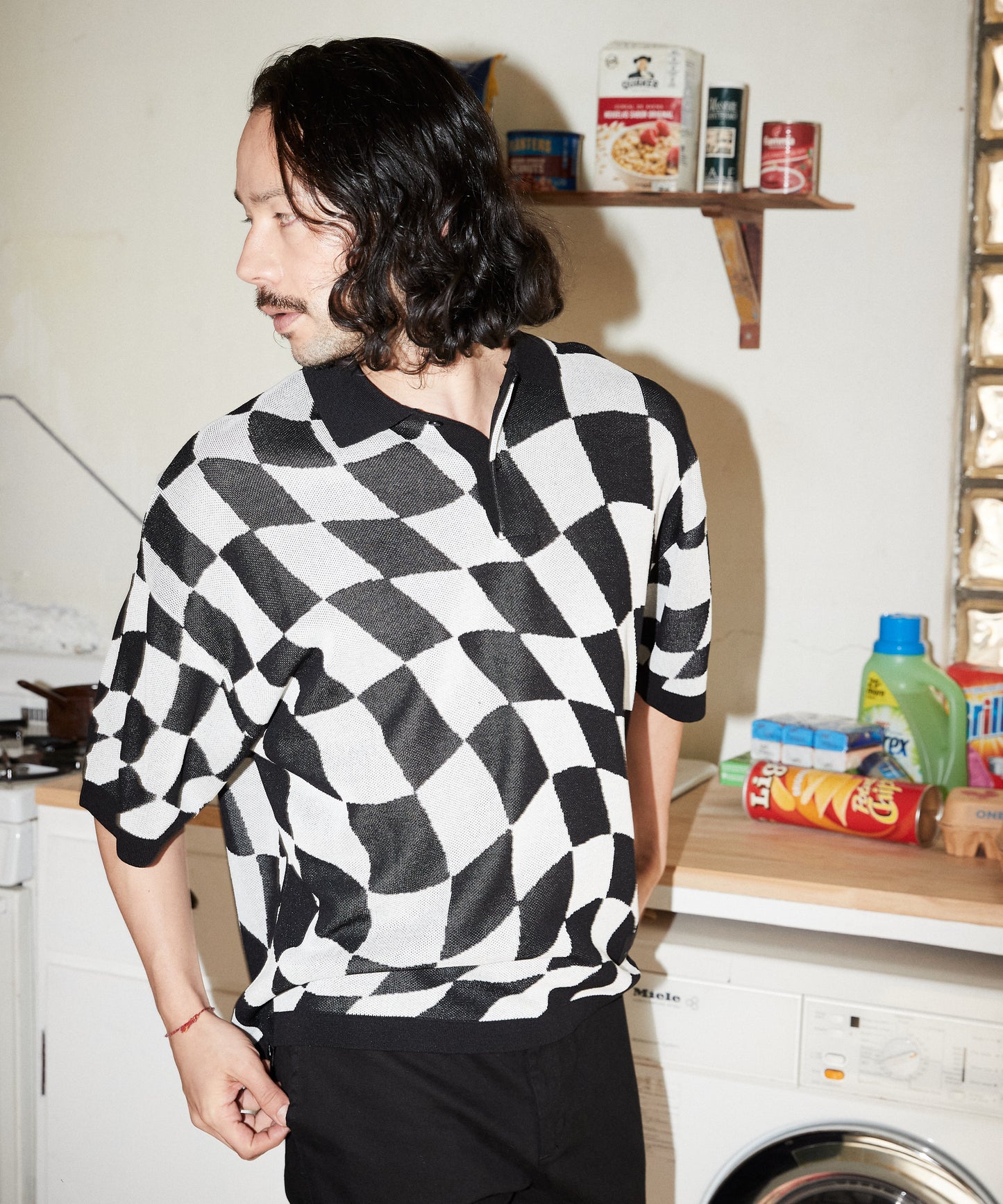 skewed check pattern short sleeve knit polo shirts