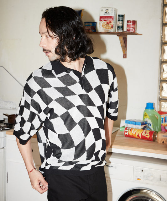 skewed check pattern short sleeve knit polo shirts