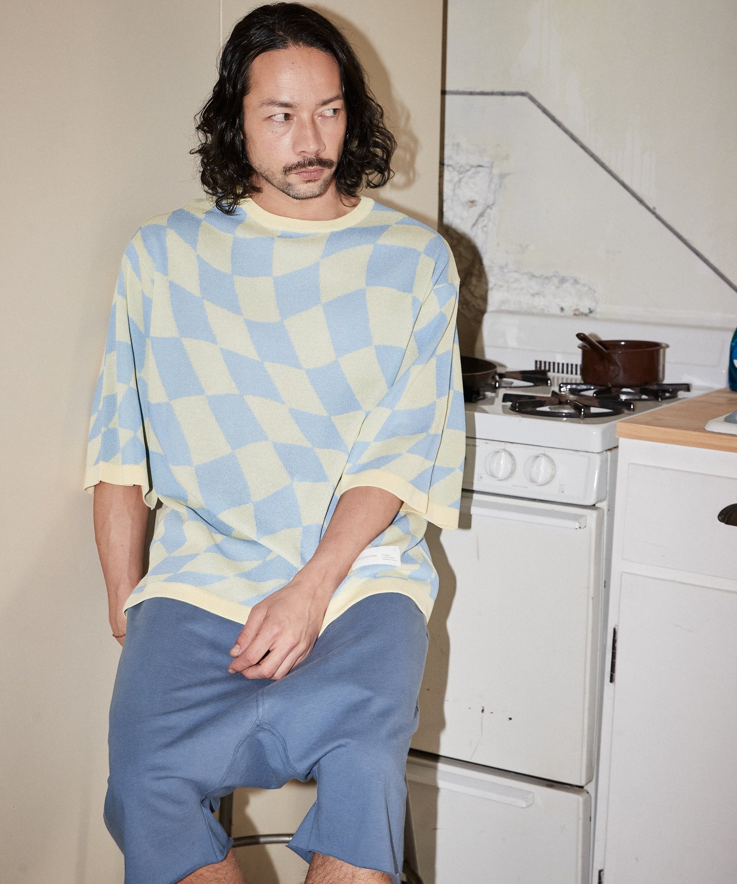 skewed check pattern short sleeve knit