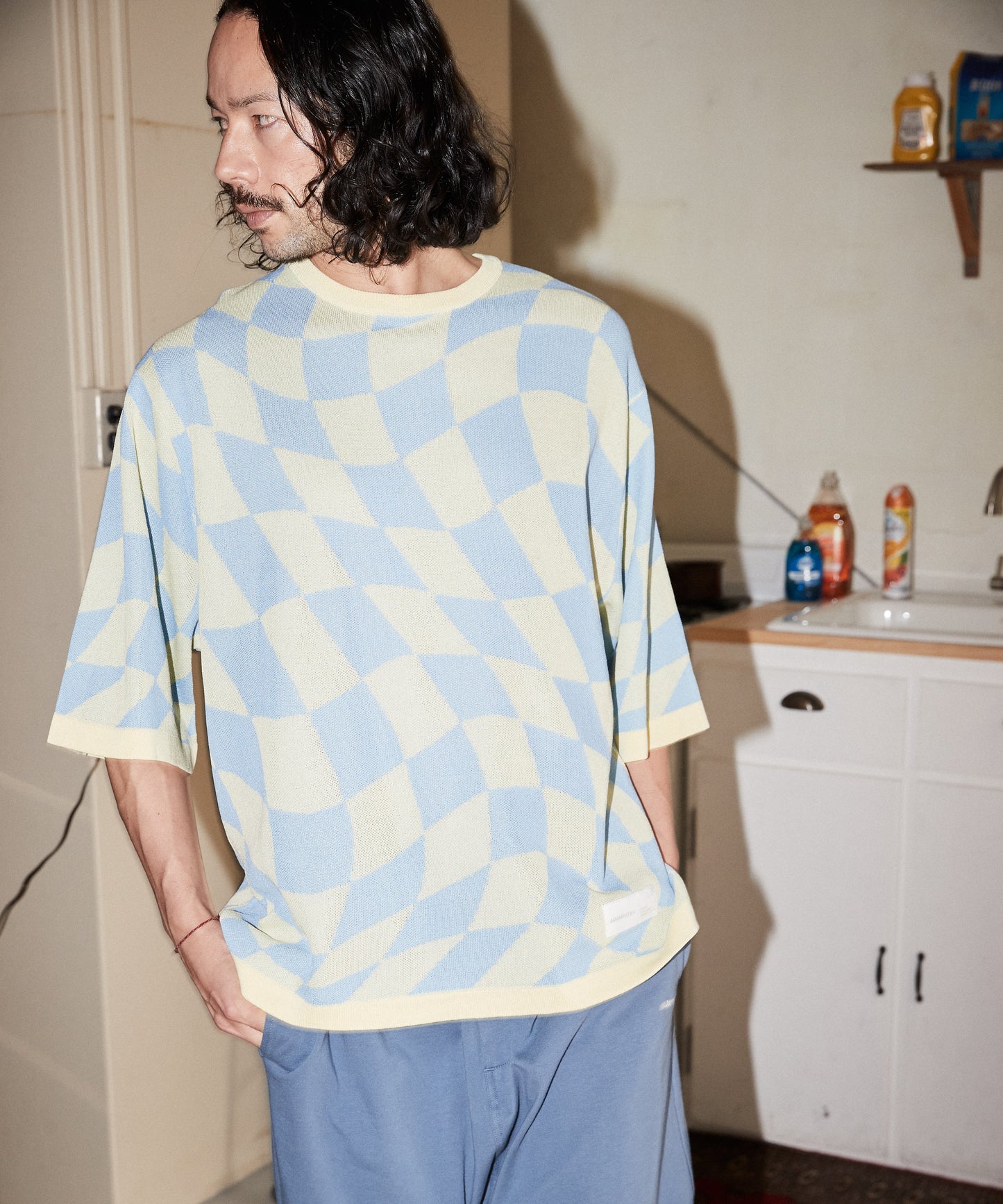 skewed check pattern short sleeve knit