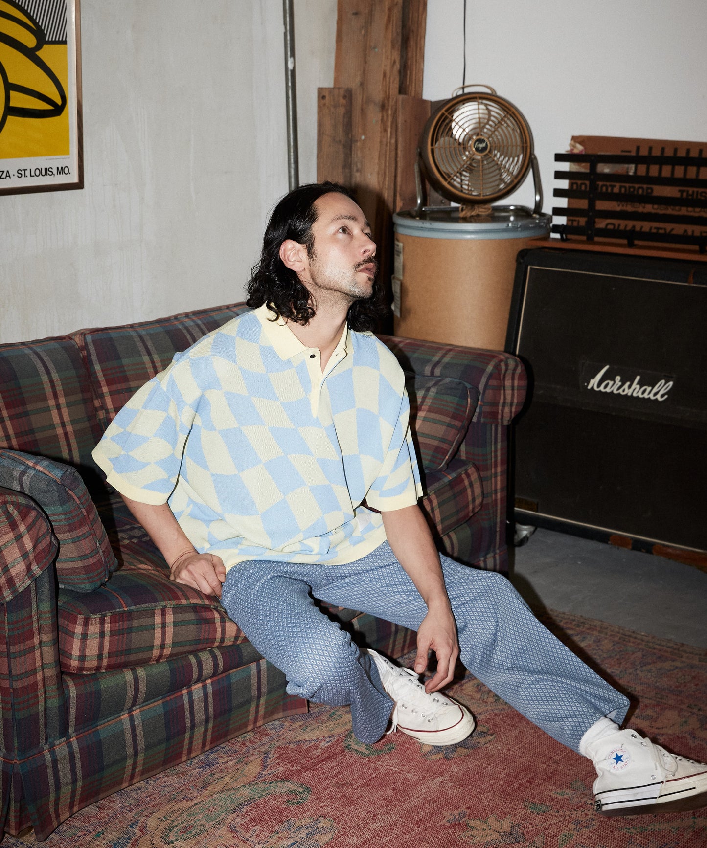 skewed check pattern short sleeve knit polo shirts