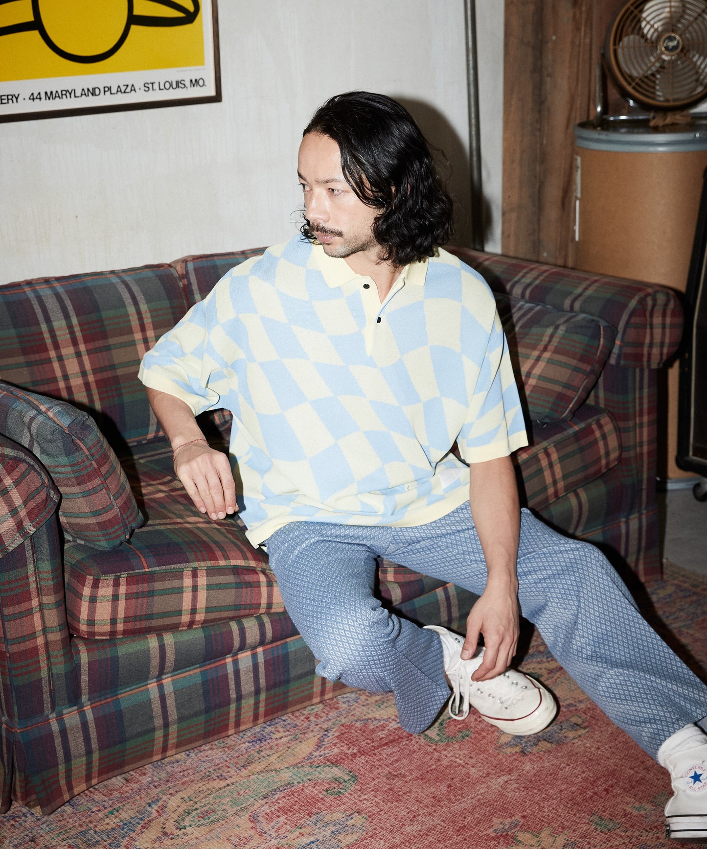 skewed check pattern short sleeve knit polo shirts