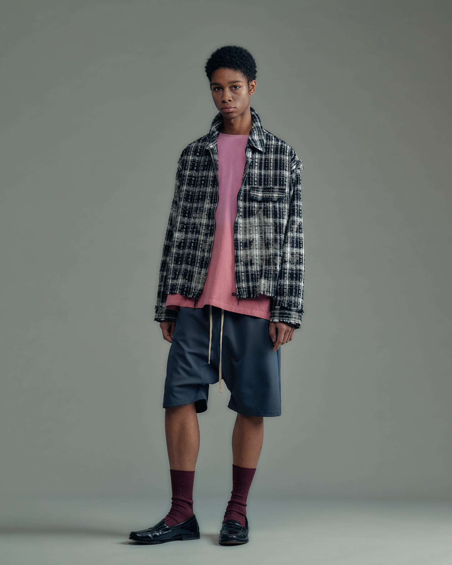 short length bleached check zipup shirt