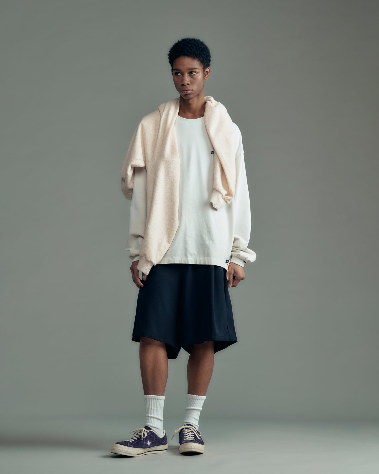 washed cotton pile raw-edge cardigan