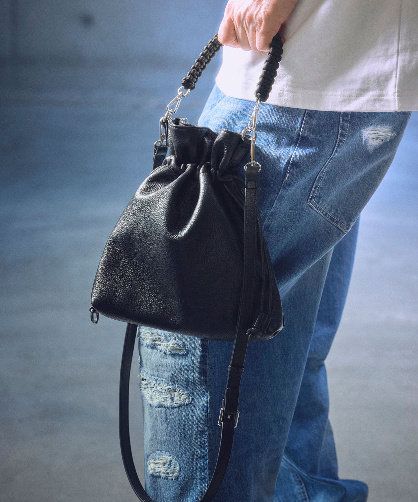 new shrink leather drawstring mini bag